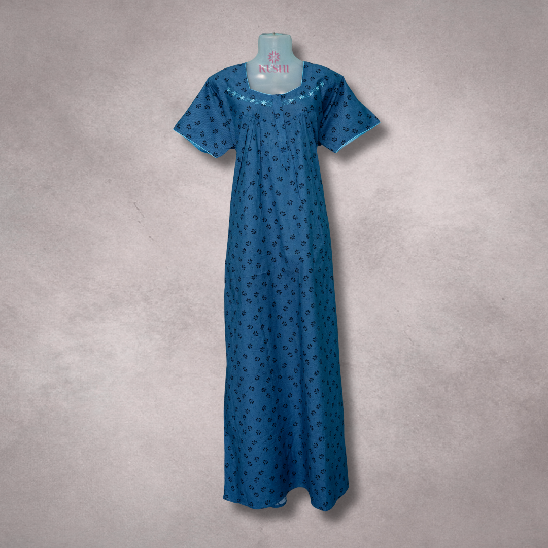 Elegant Teal Blue Cotton Nighty with Subtle Floral Prints