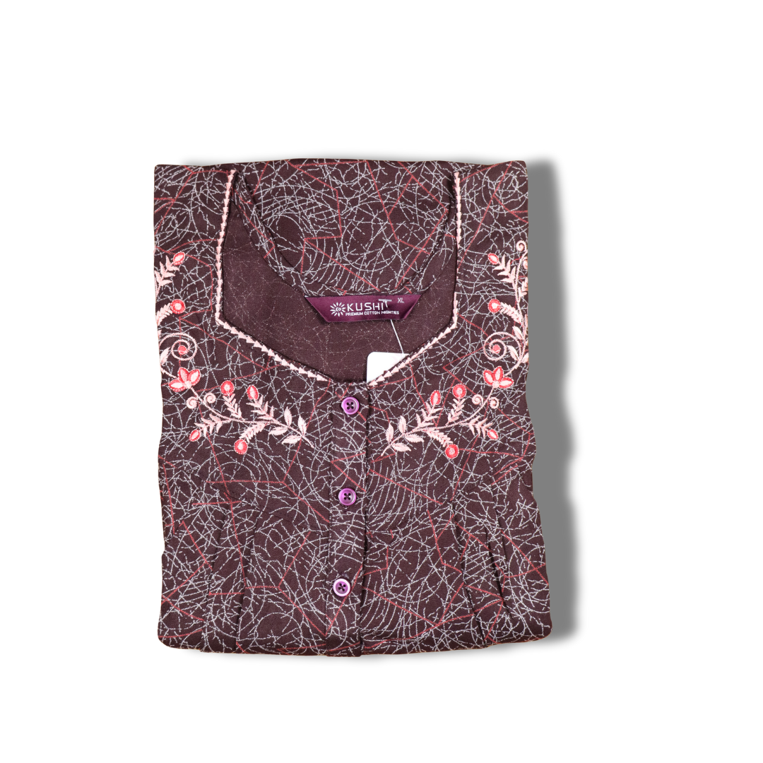 Women’s Premium Cotton Nighty with Embroidered Neckline – Teal Black