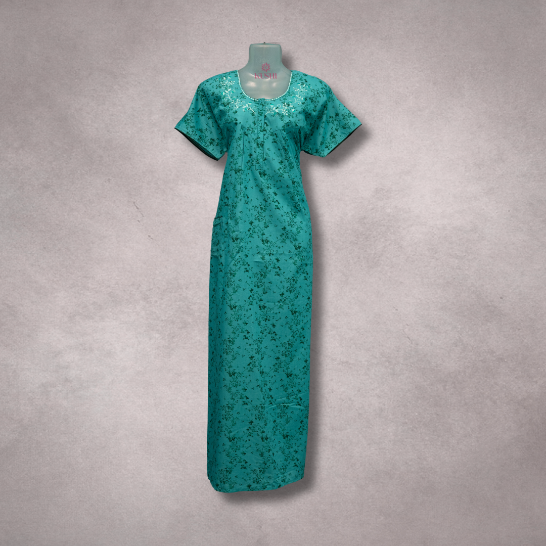 Teal Green Floral Printed Nighty with Embroidered Neckline