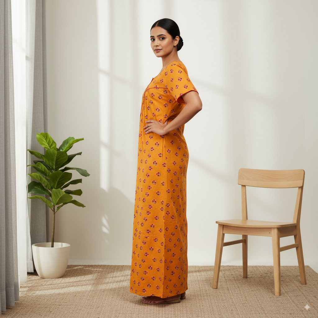 Mustard Yellow Floral Printed Cotton Nighty