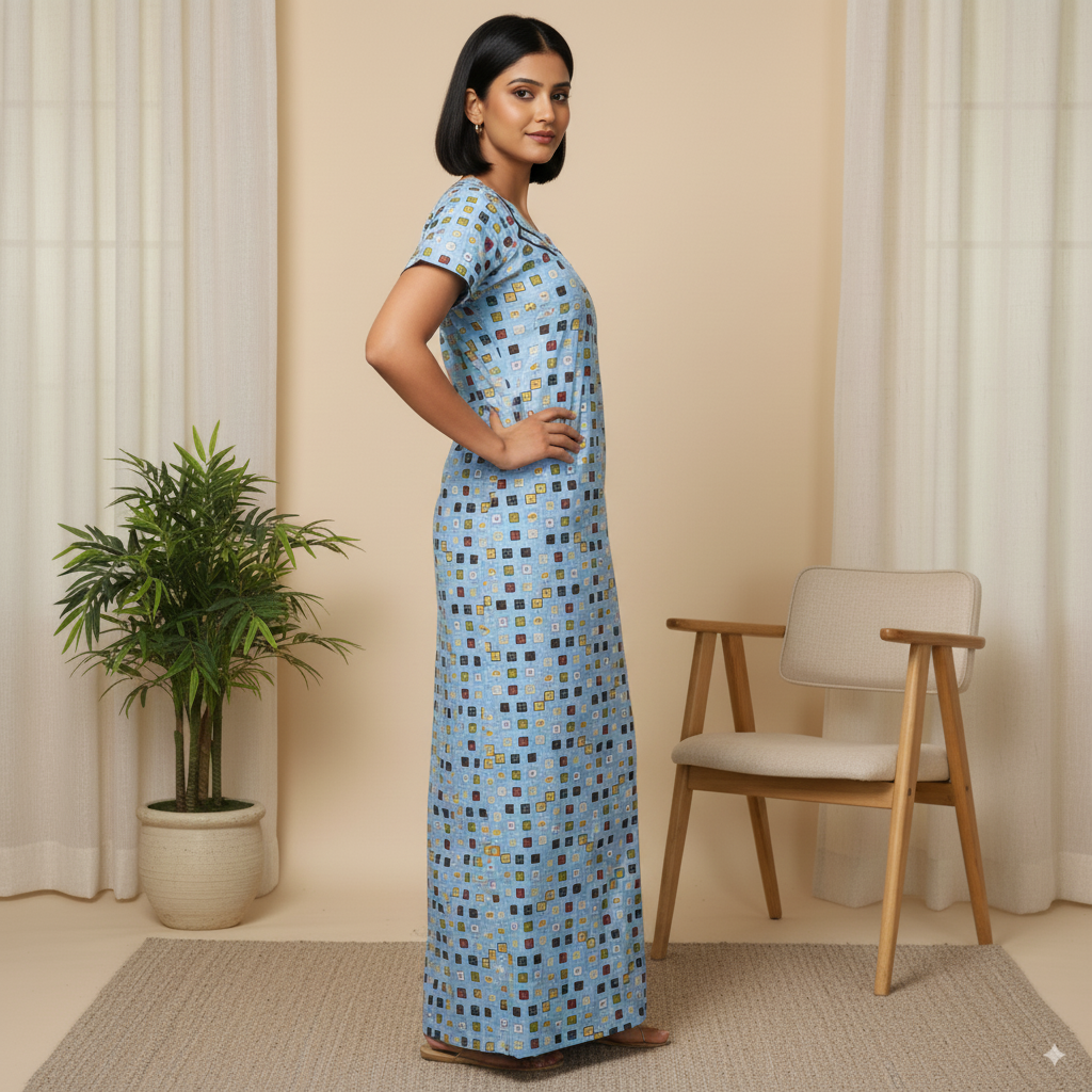 Light Blue Geometric Printed Cotton Nighty with Black Piping