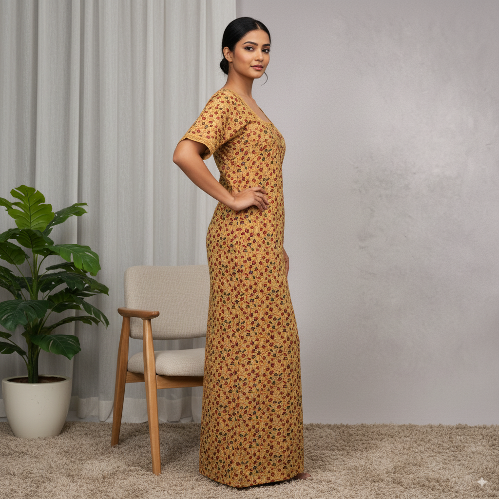 Mustard Yellow Floral Printed Cotton Nighty