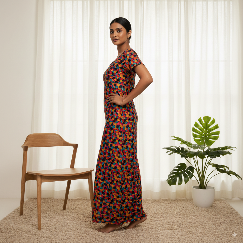 Multicolour Geometric Leaf Print Nighty with Scoop Neck