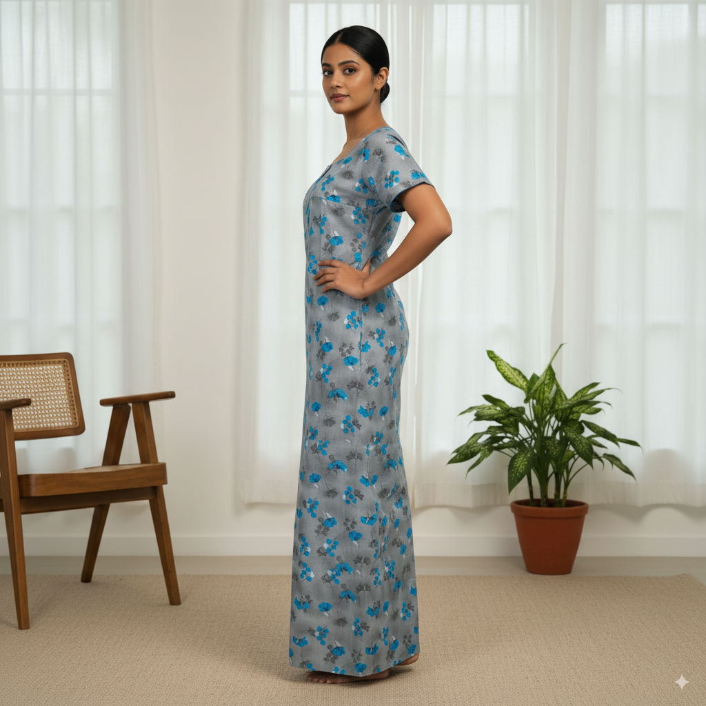Light Grey Nighty with Blue Floral Print