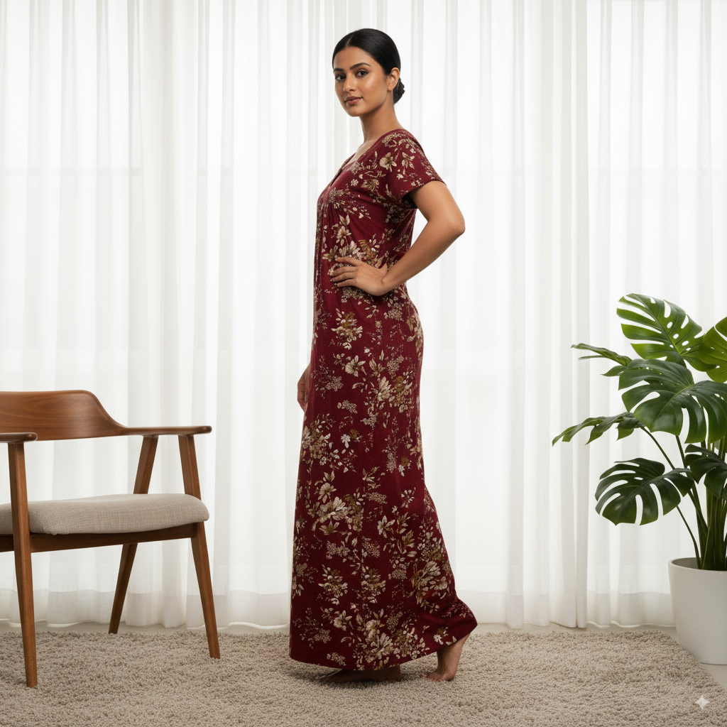Maroon Floral Printed Cotton Nighty