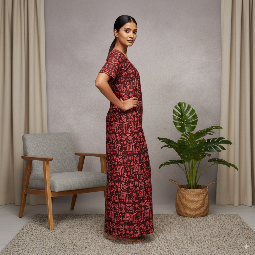 Black and Red Abstract Printed Nighty with Square Neck