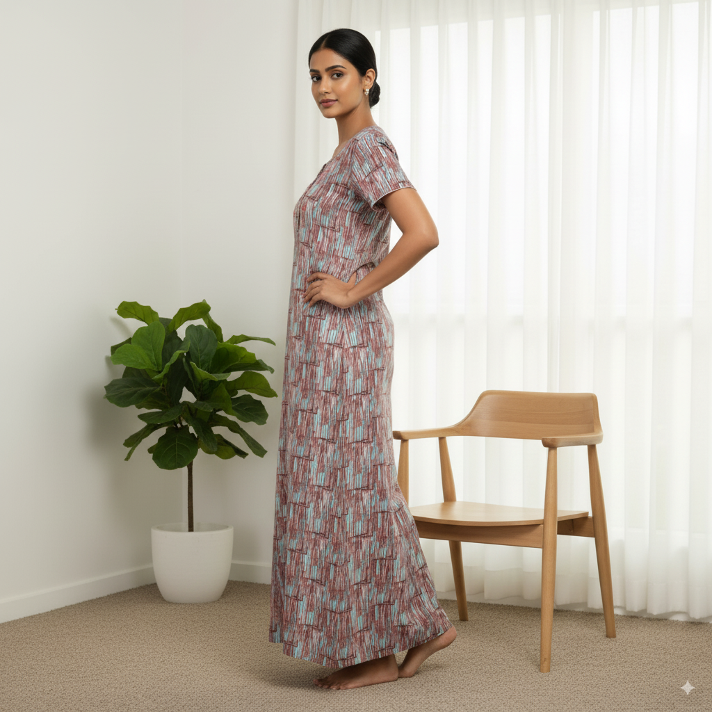 Brick Red & Aqua Abstract Printed Cotton Nighty with Embroidered Yoke