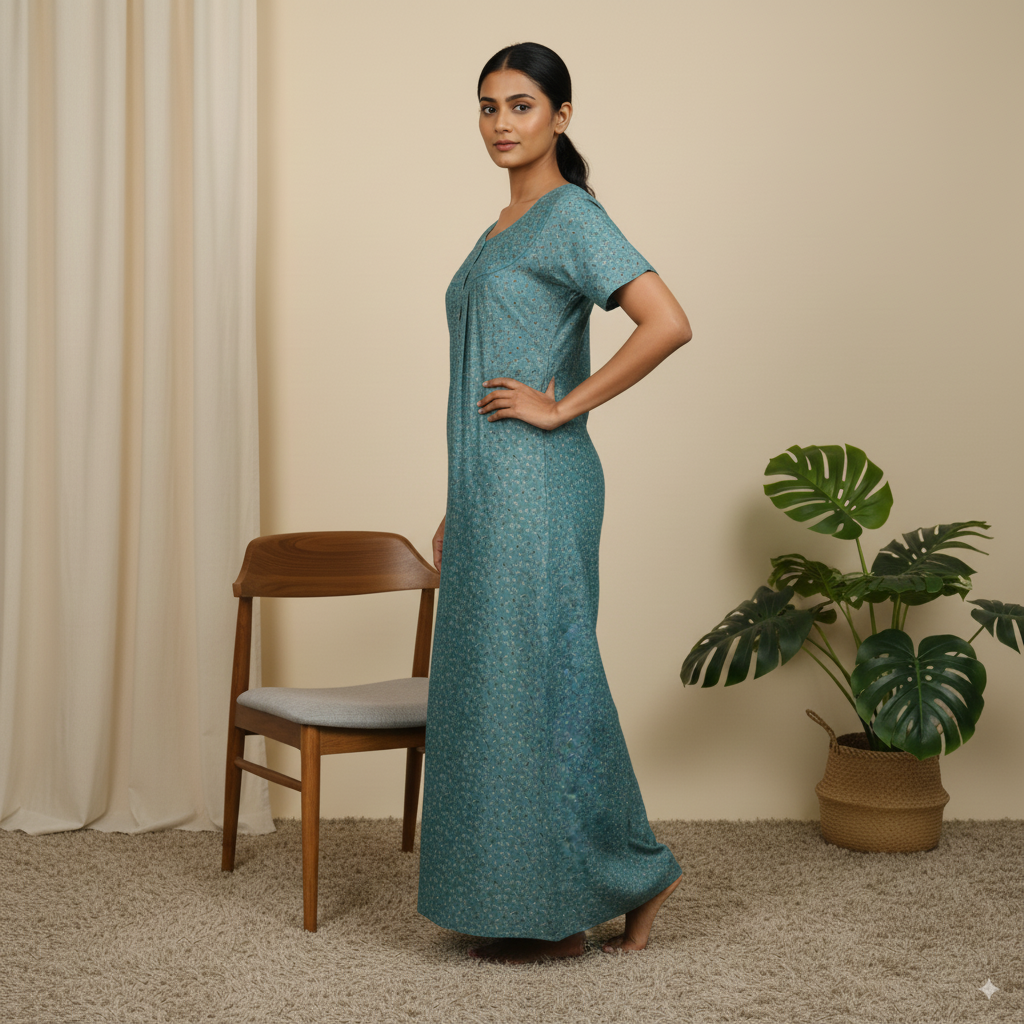 Teal Green Printed Cotton Nighty with Yoke Design