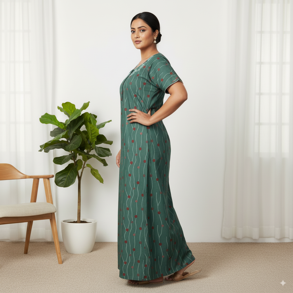 Premium Embroidered Green Floral Nighty