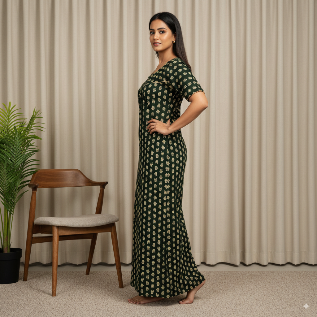 Dark Green Floral Printed Cotton Nighty