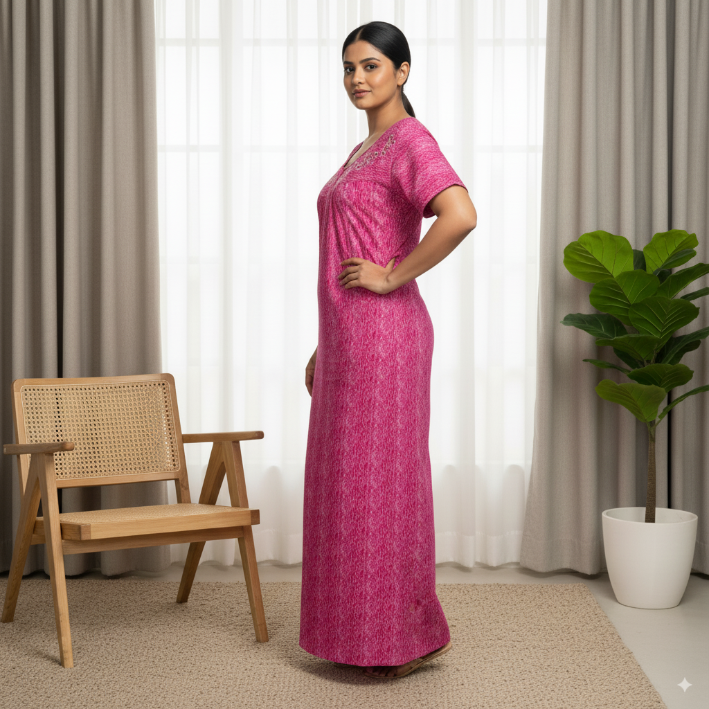 Fuchsia Pink Textured Nighty with Embroidered Scoop Neck