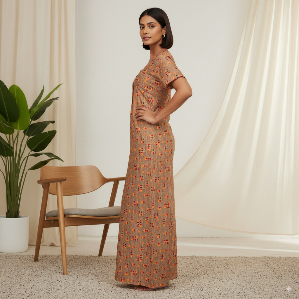 Premium Cotton Printed Nighty – Beige with Red-Yellow Floral Design