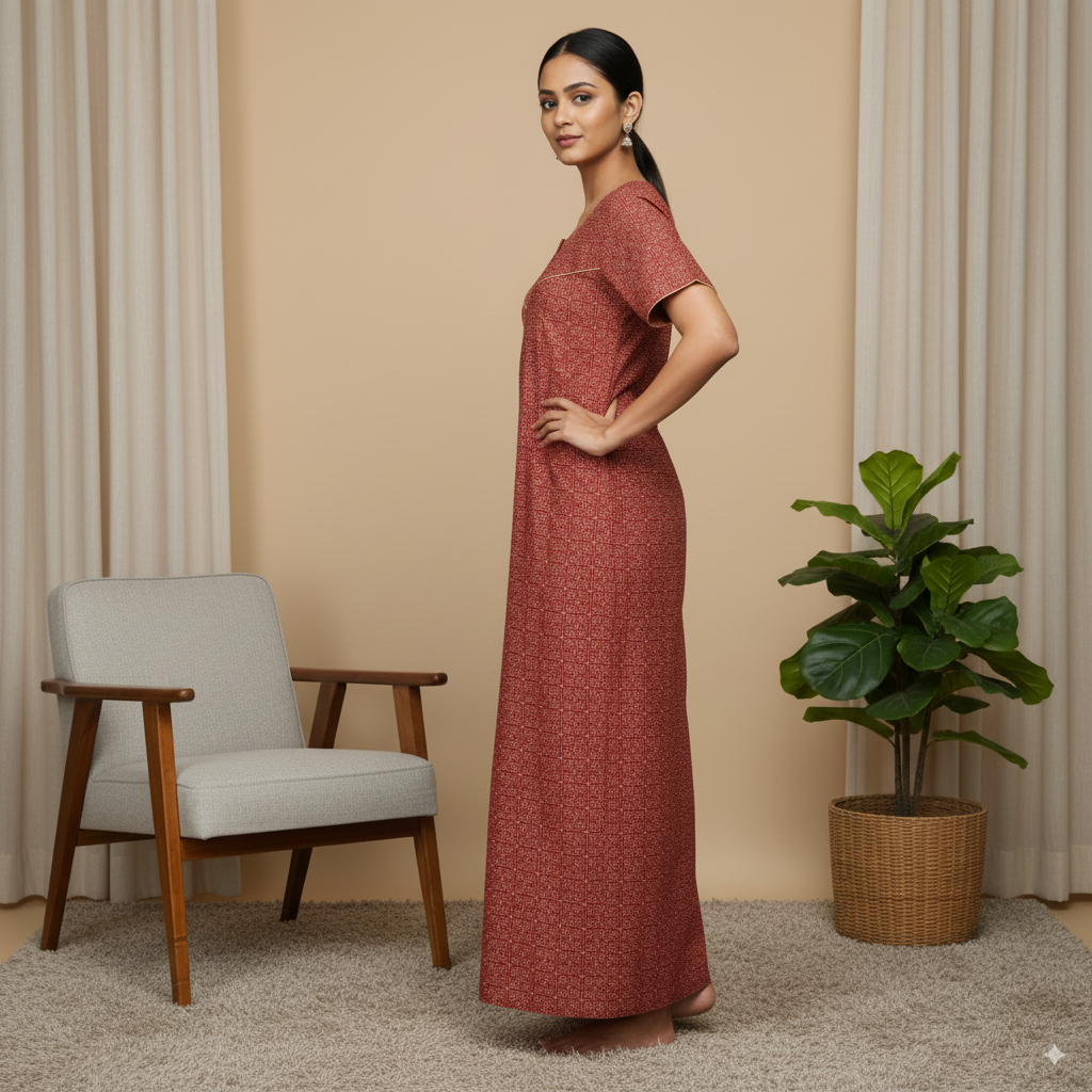 Rust Red Printed Nighty with Yellow Piping