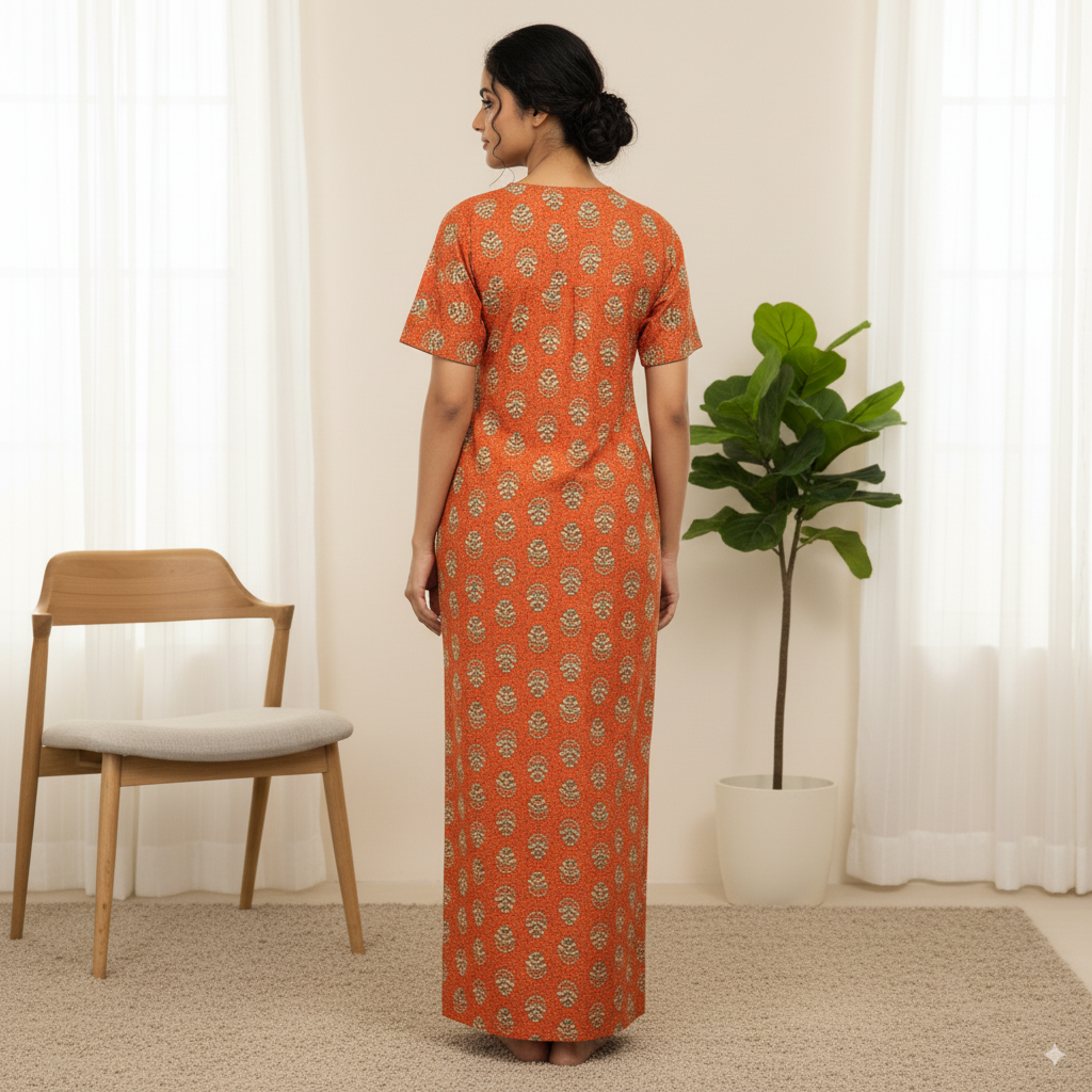 Premium Cotton Nighty – Burnt Orange with Floral Print