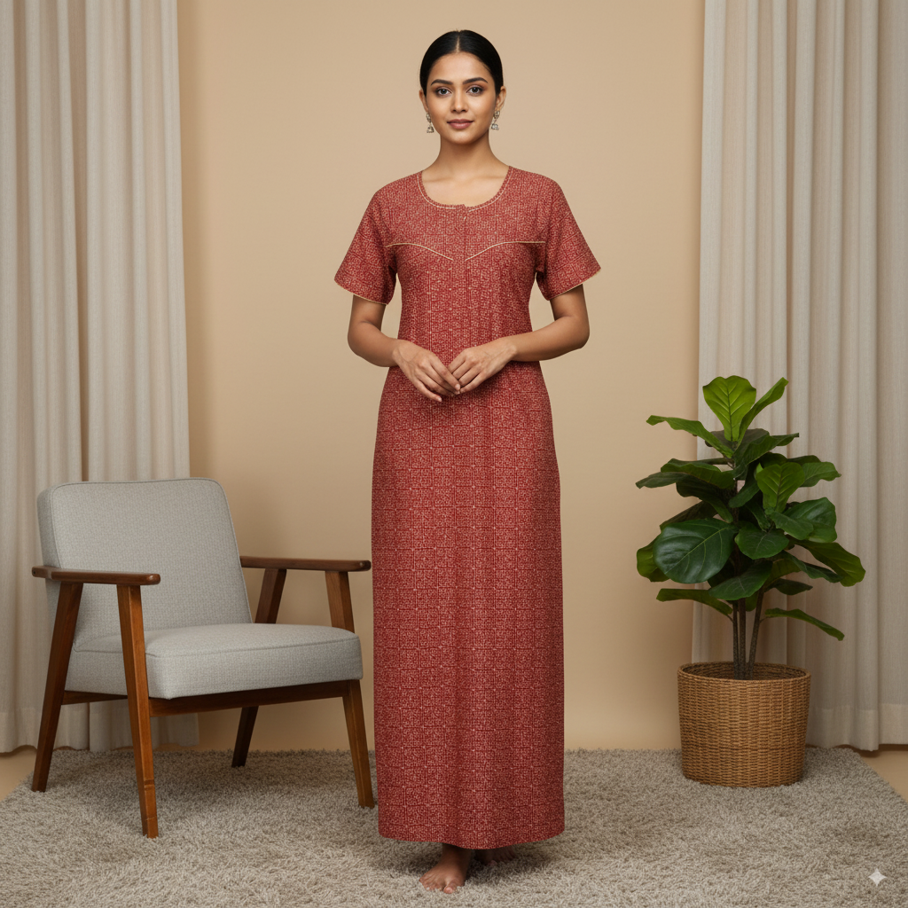 Rust Red Printed Nighty with Yellow Piping