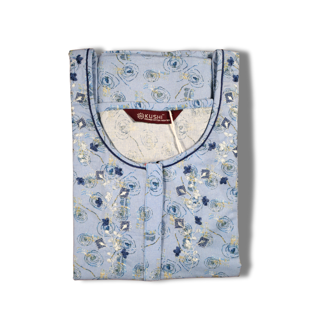 Elegant Beige Floral Printed Nighty with Embroidered Neckline