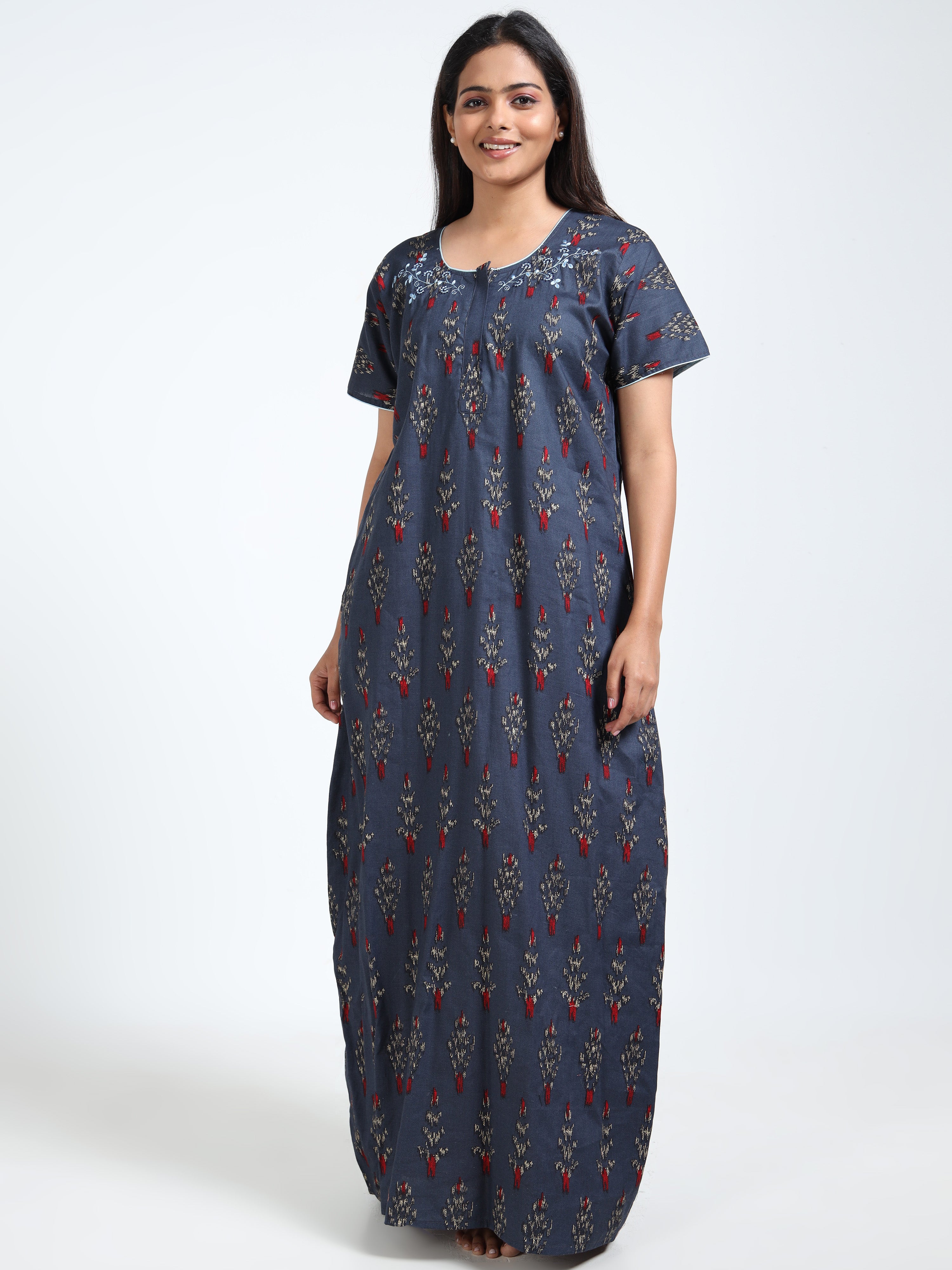 Graceful Blue Printed Cotton Nighty