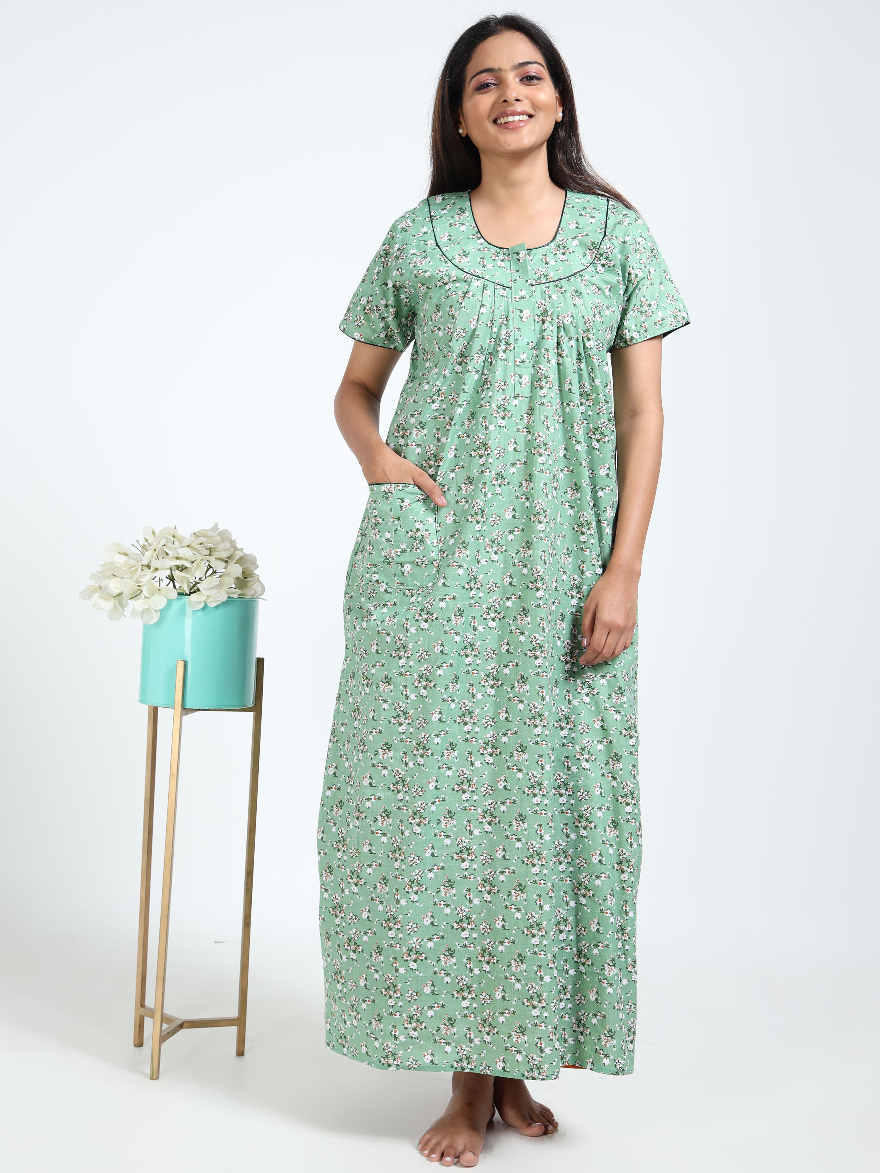 Antic Cotton Nighty – Soft Green Floral Comfort Nightwear for Indian Women