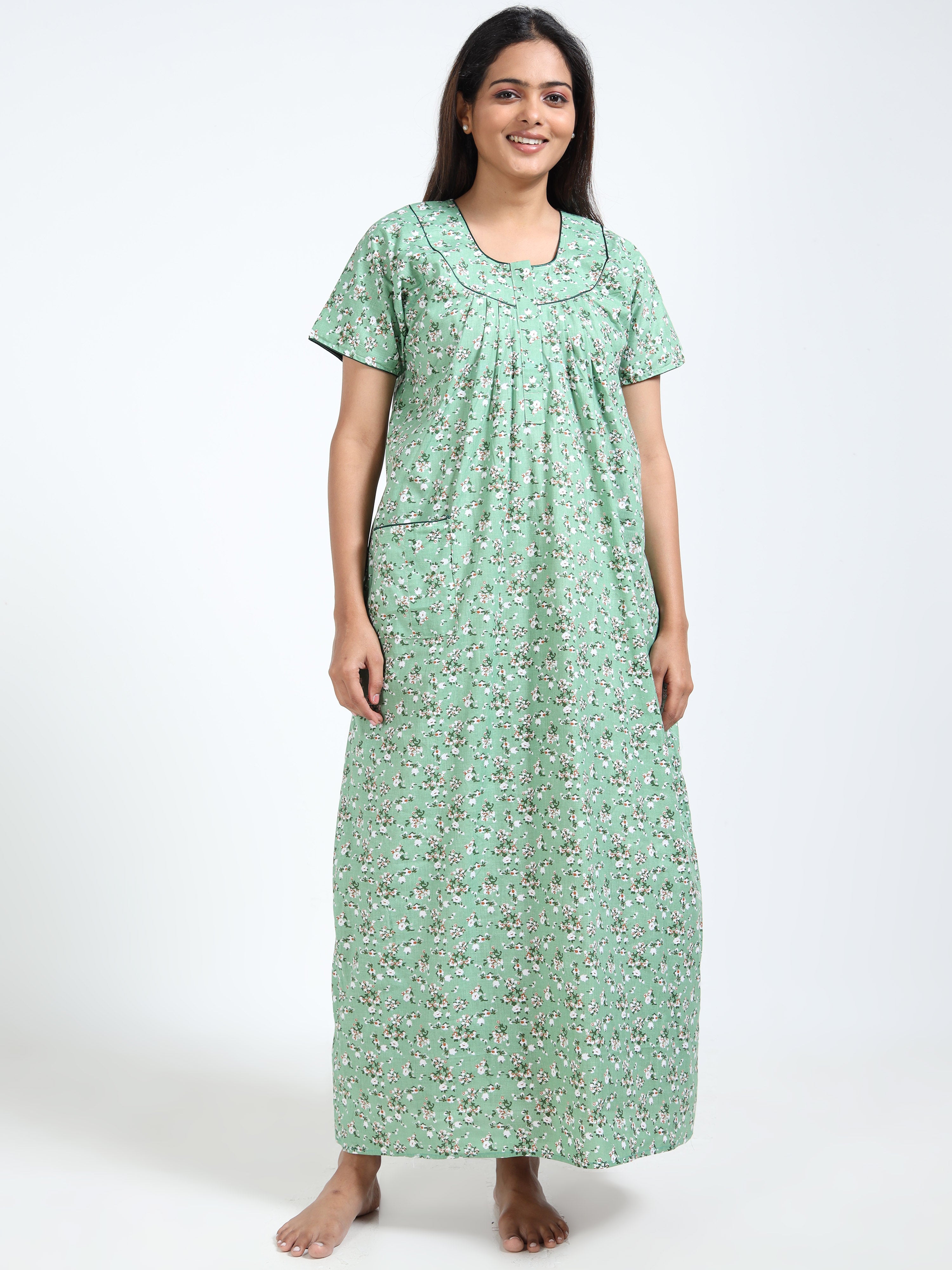 Antic Cotton Nighty – Soft Green Floral Comfort Nightwear for Indian Women