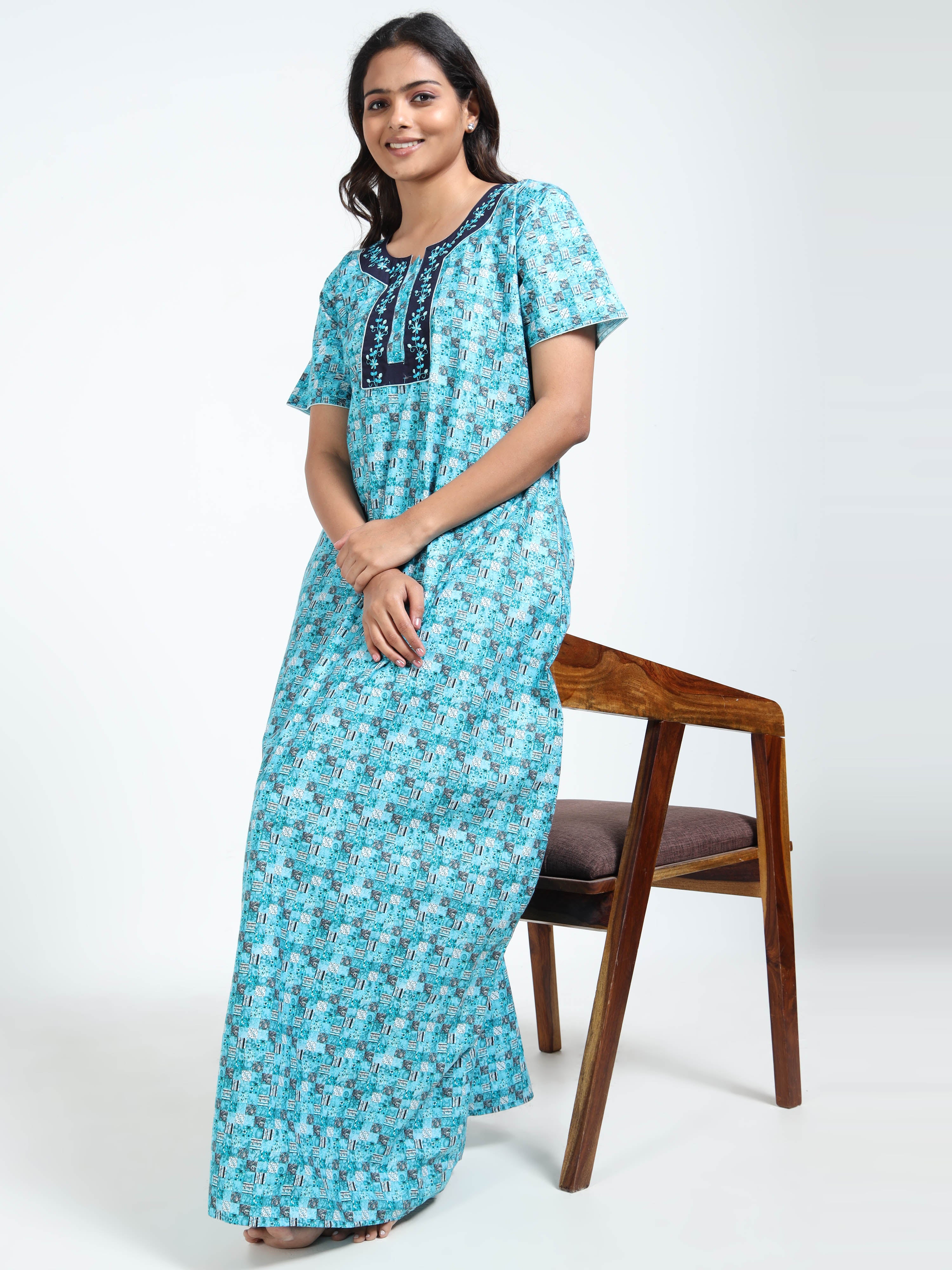 PREMIUM COTTON NIGHTY SKY BLUE FLORAL WITH EMBROIDERED NECK