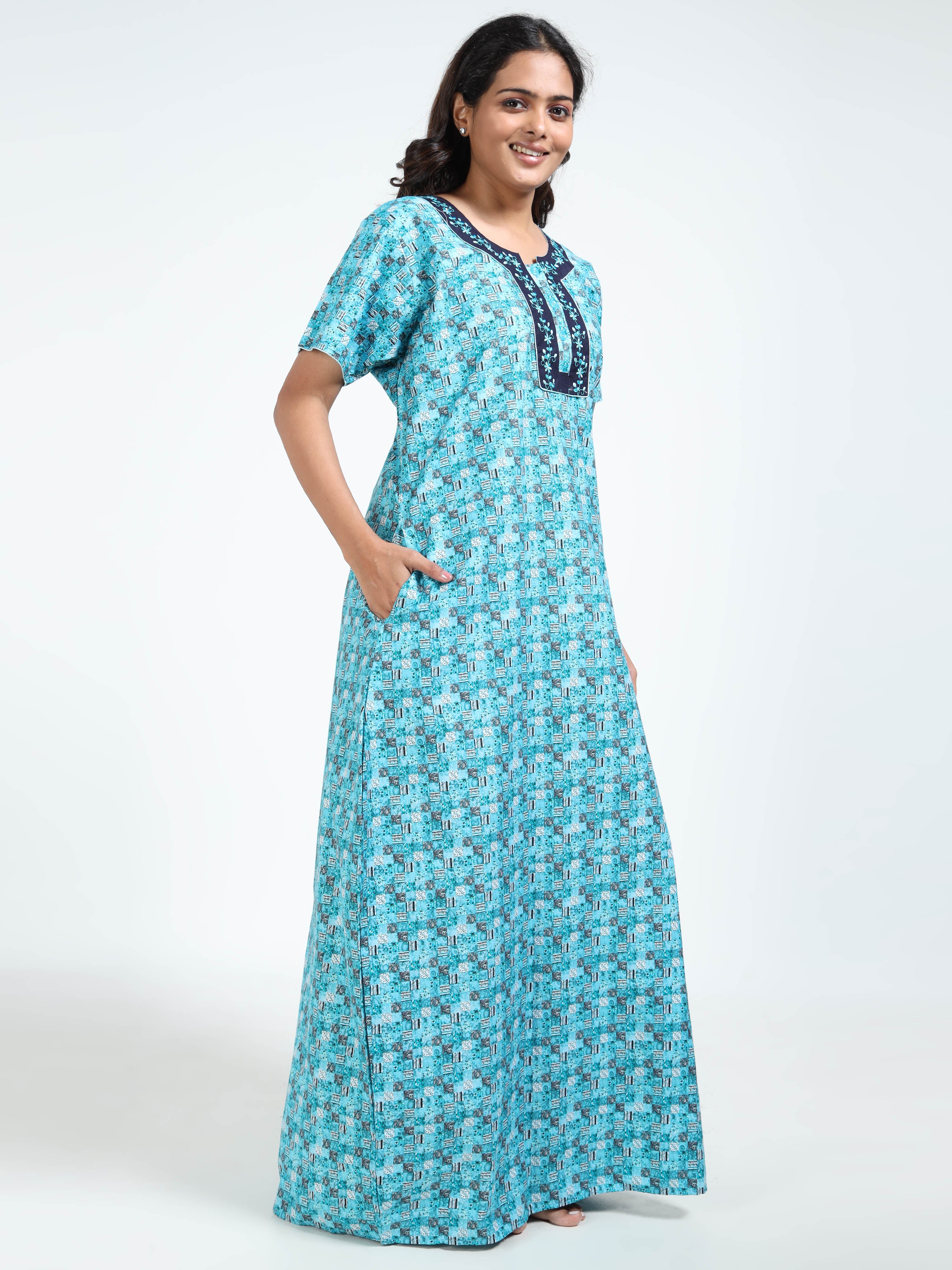 PREMIUM COTTON NIGHTY SKY BLUE FLORAL WITH EMBROIDERED NECK