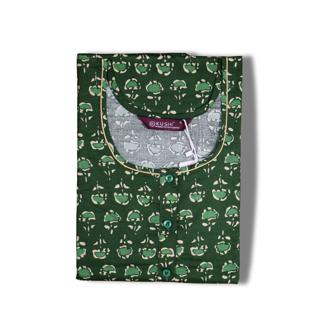 Maroon Floral Printed Cotton Nighty with Contrast Piping