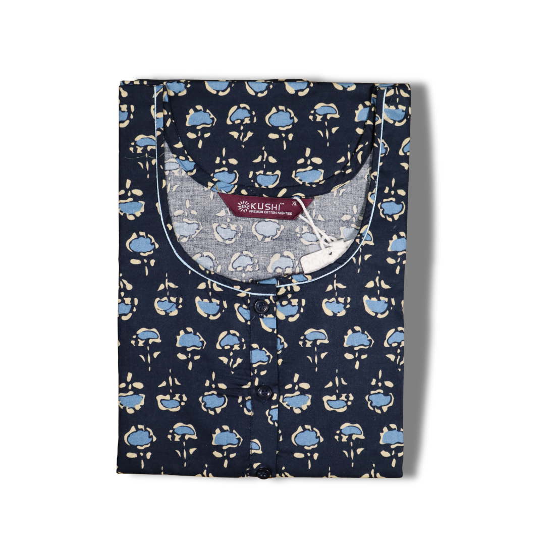 Maroon Floral Printed Cotton Nighty with Contrast Piping