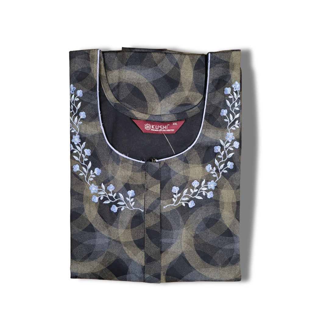 Elegant Black Circle Pattern Nighty with Pink Floral Neck Embroidery