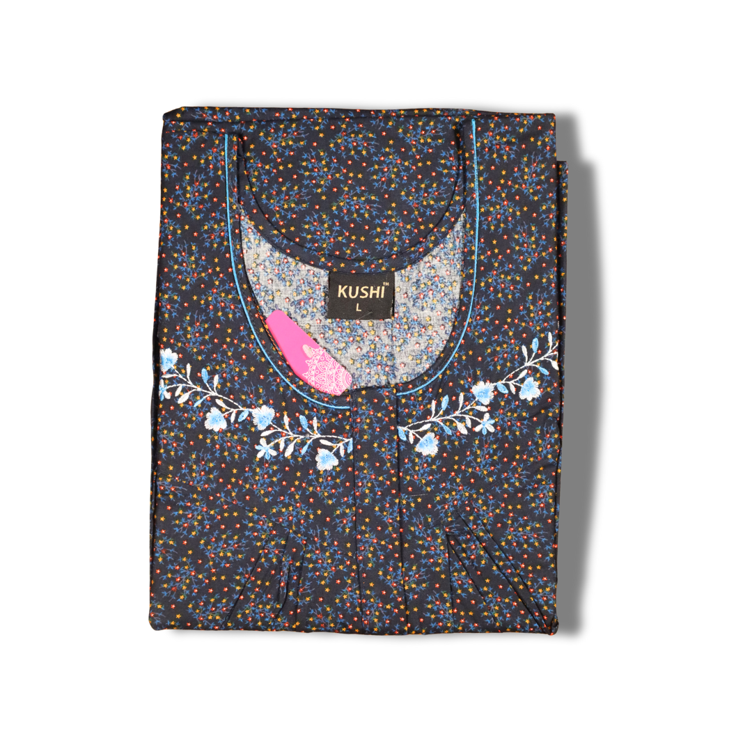 Maroon Floral Print Cotton Nighty with Pink Embroidery