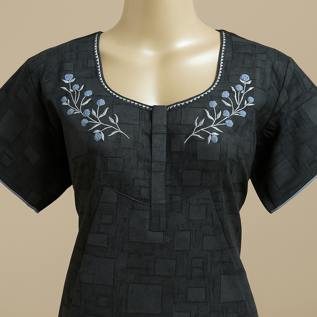 Bisilizi Cotton Nighty – Elegant Black Comfort with Floral Touch