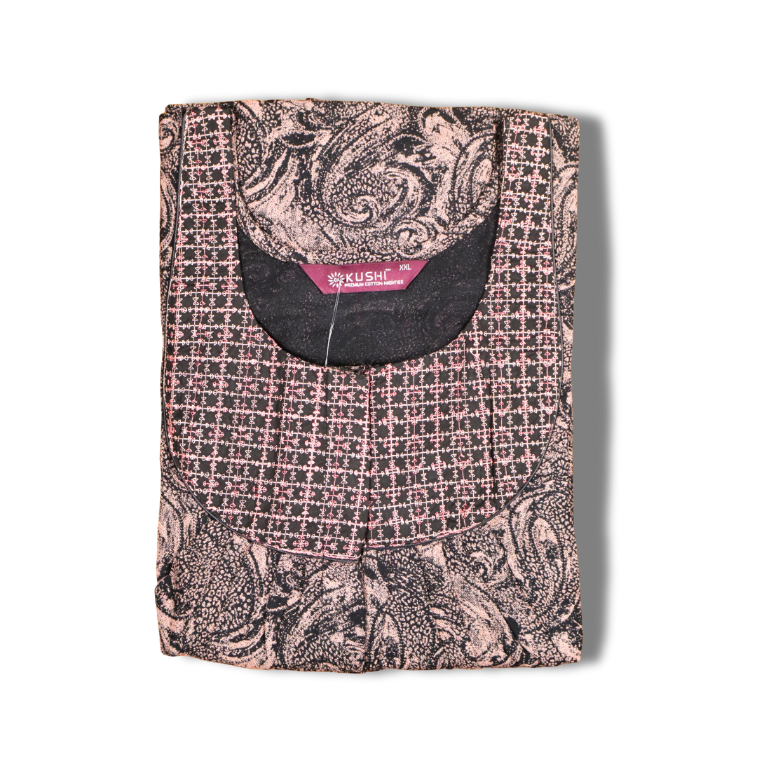 Elegant Olive Green Printed Nighty with Embroidered Neckline