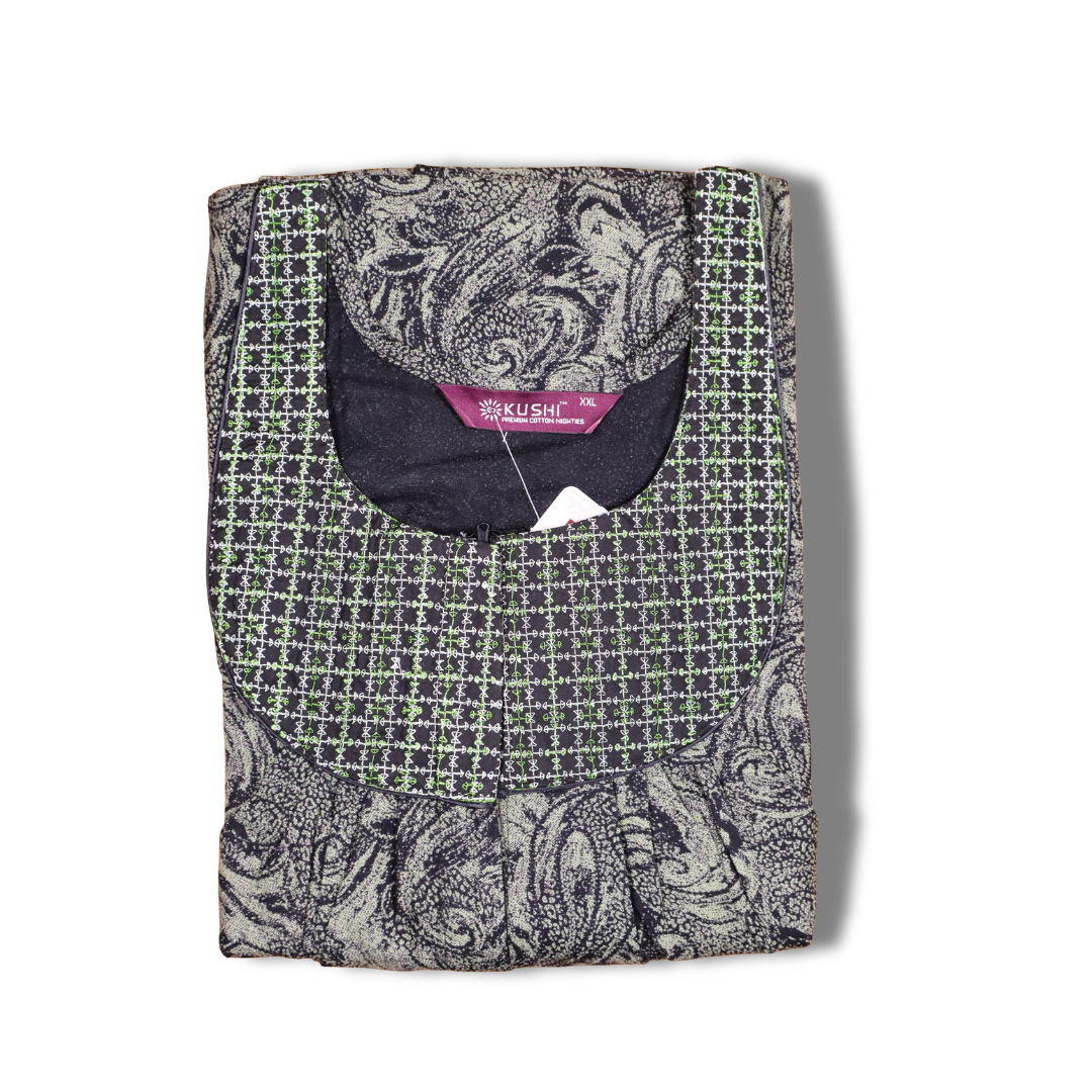 Elegant Olive Green Printed Nighty with Embroidered Neckline