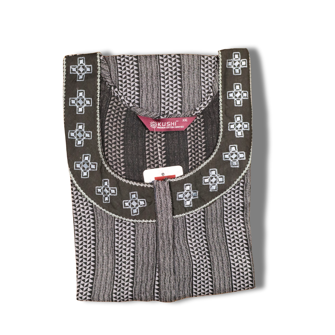 Women’s Striped Cotton Nighty – Pink with Embroidered Neckline