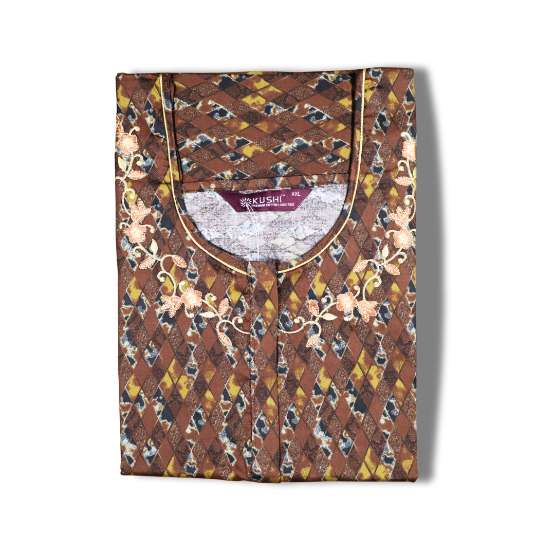 Dark Green Floral Printed Cotton Nighty with Teal Embroidery