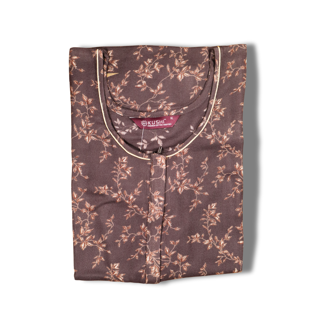 Olive Green Floral Printed Nighty with Contrast Piping