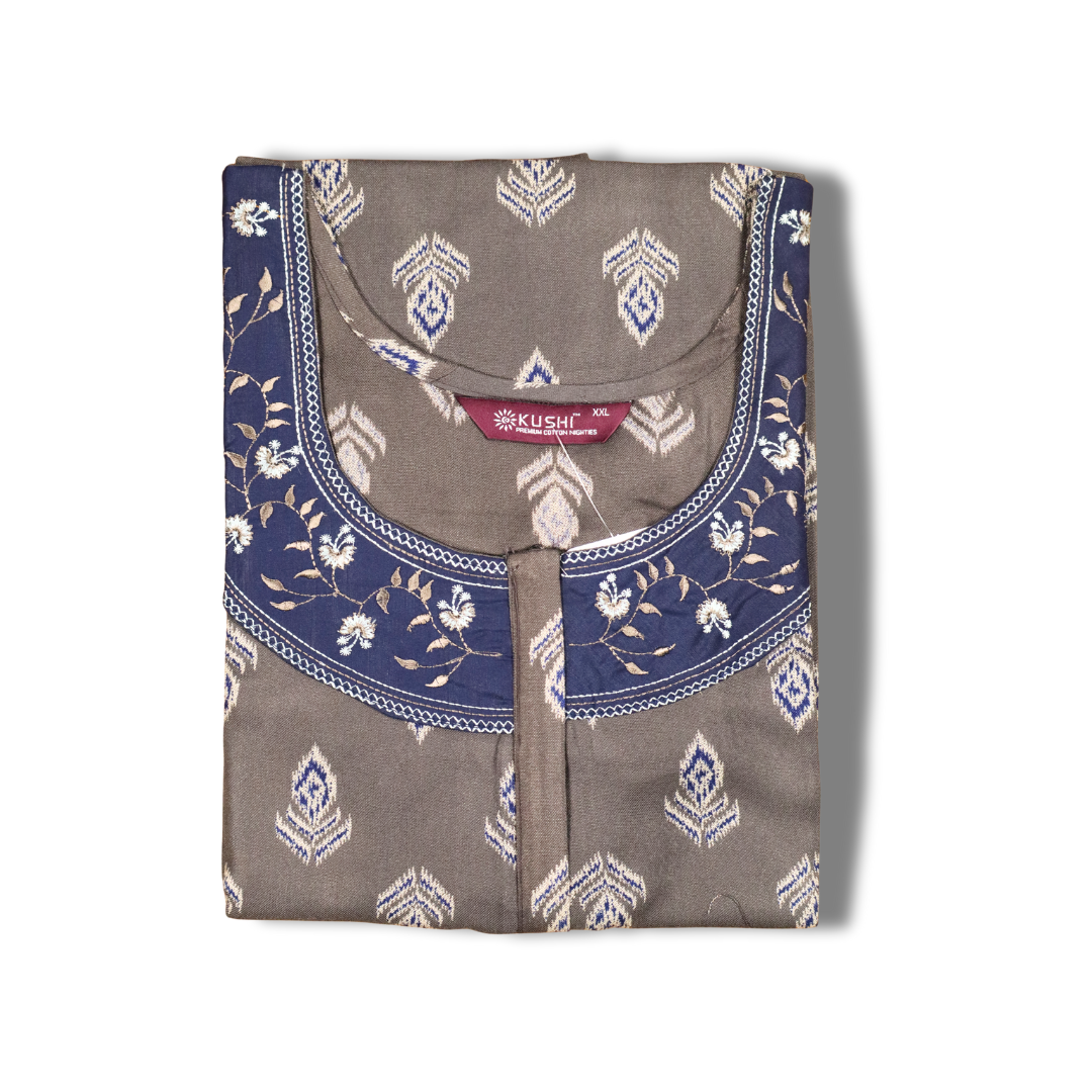 Maroon Printed Cotton Nighty with Embroidered Neckline