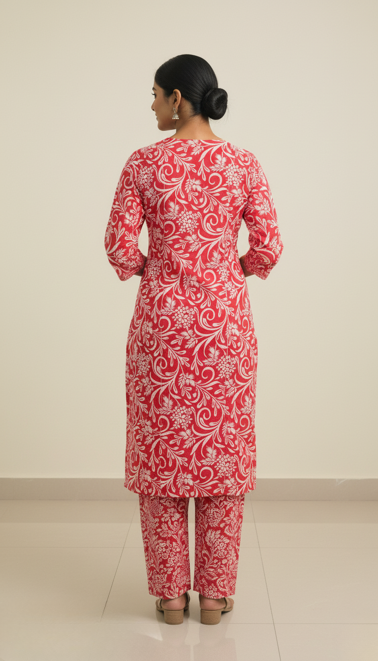 Red Floral Print Cotton Kurta Set