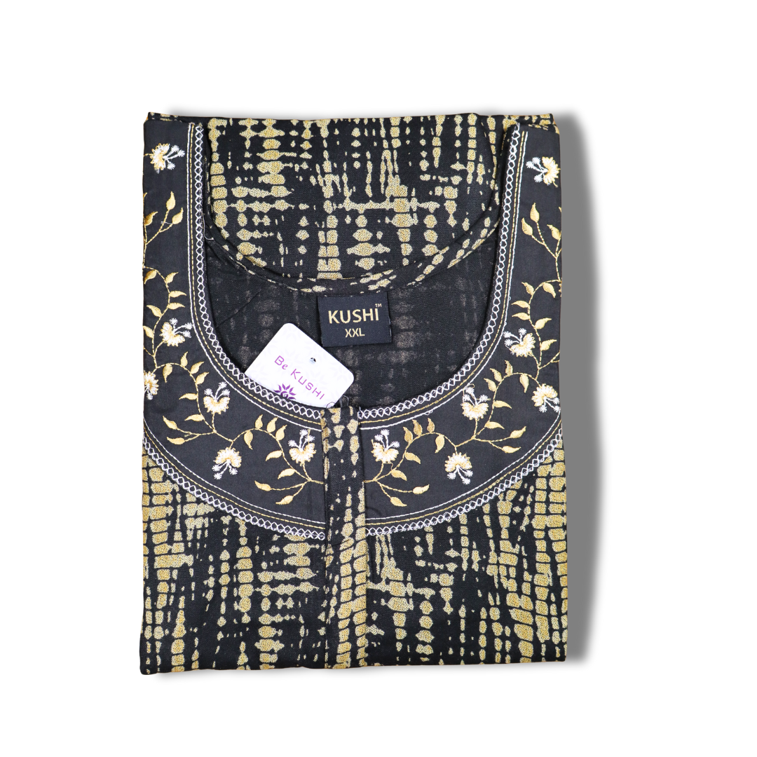 Premium Cotton Nighty – Black with Peach Abstract Print & Embroidered Neckline