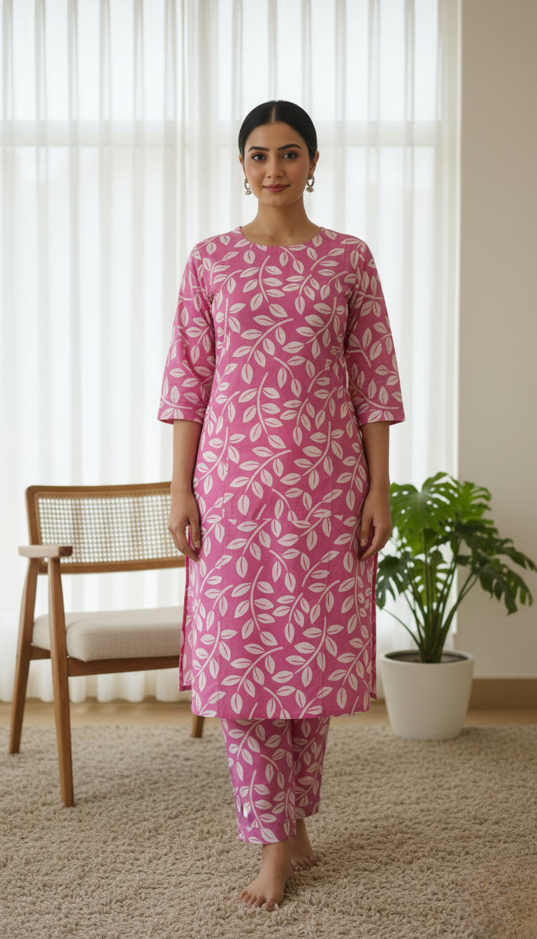 Pink Leaf Print Cotton Kurta Set