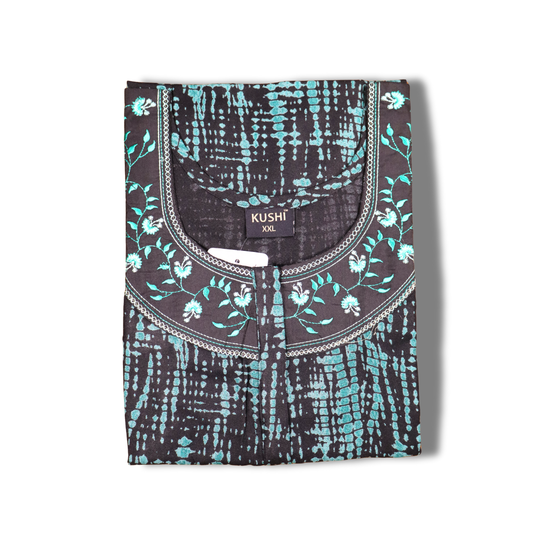 Premium Cotton Nighty – Black with Peach Abstract Print & Embroidered Neckline