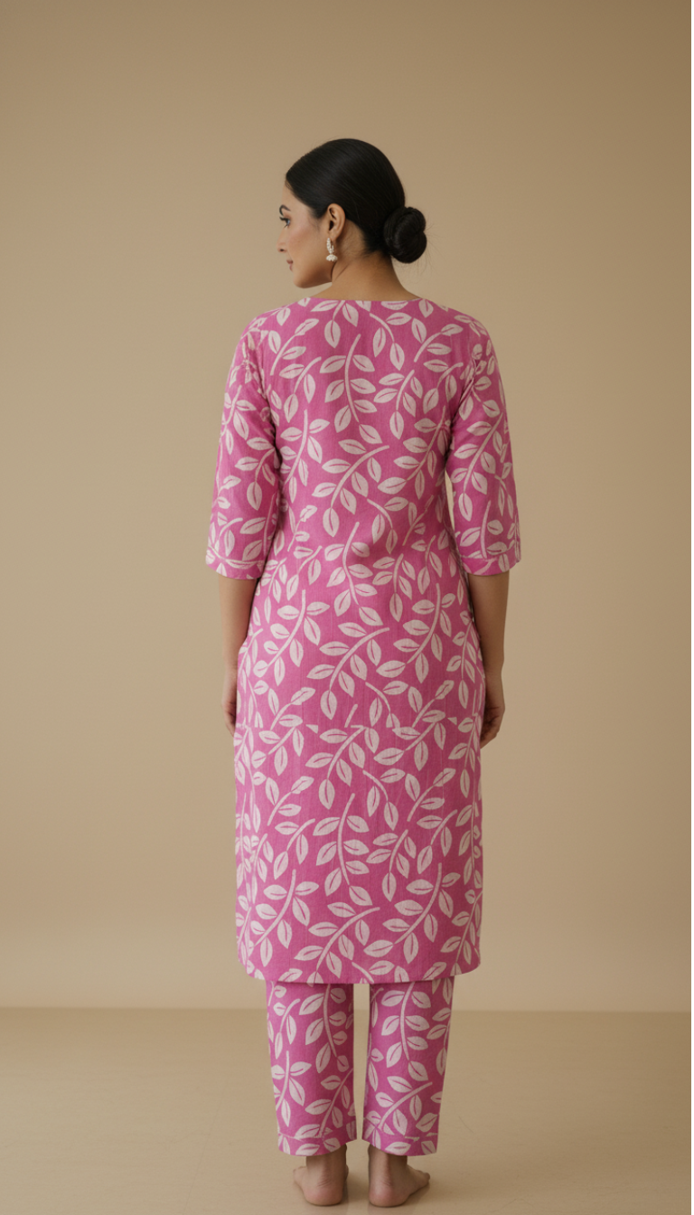 Pink Leaf Print Cotton Kurta Set