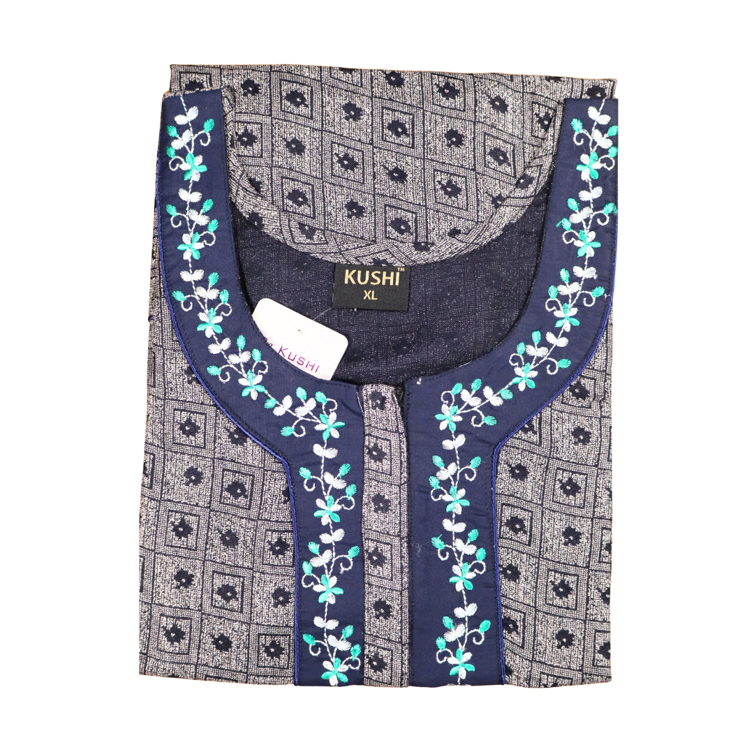 Stylish Grey Printed Cotton Nighty with Embroidered Neck