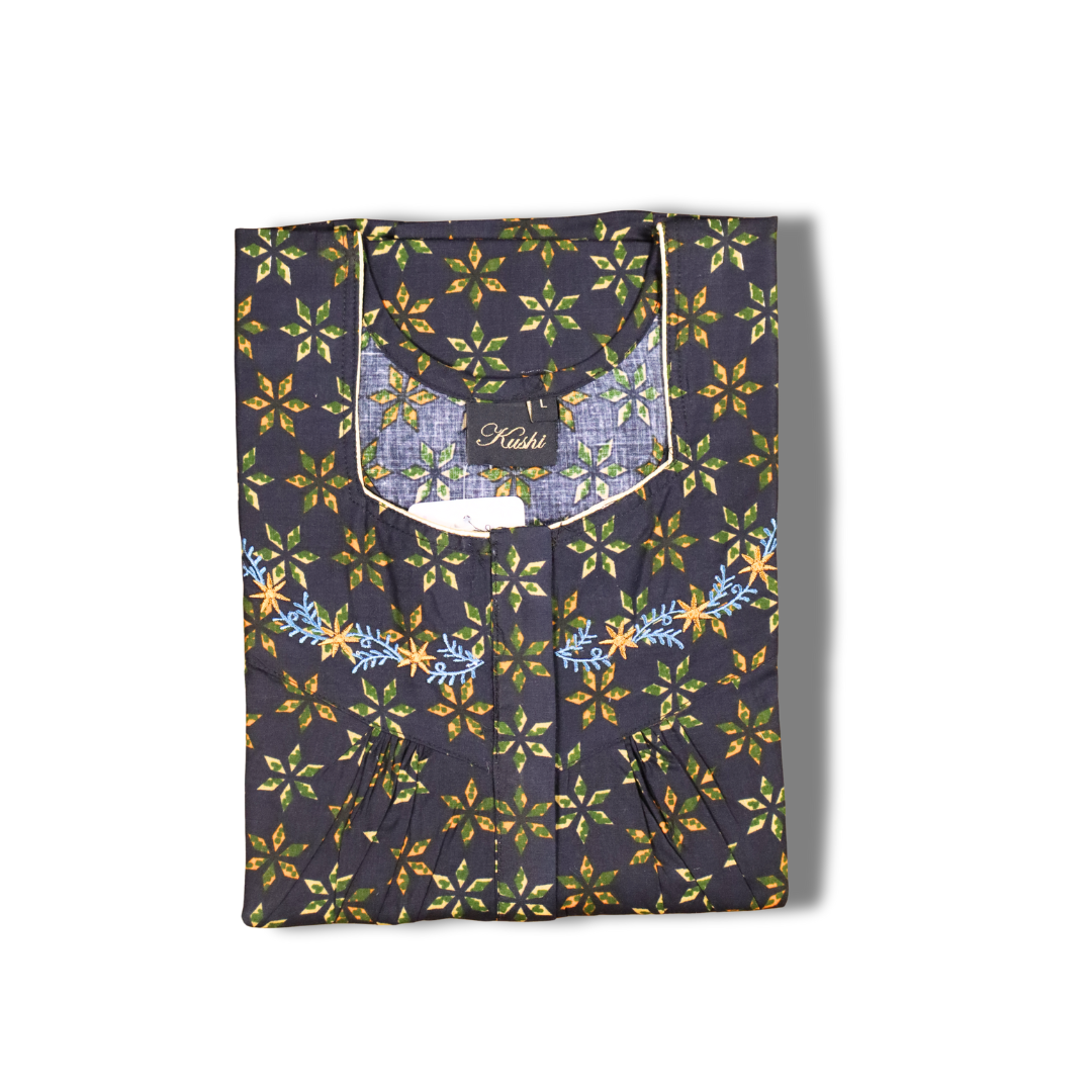 Olive Green Printed Cotton Nighty with Embroidered Neckline