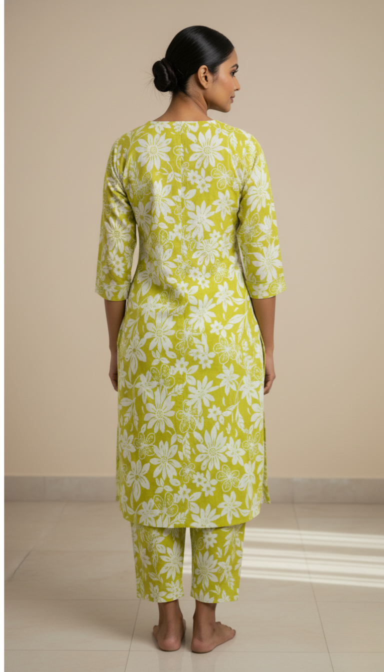 Bright Lime Floral Cotton Kurta Set