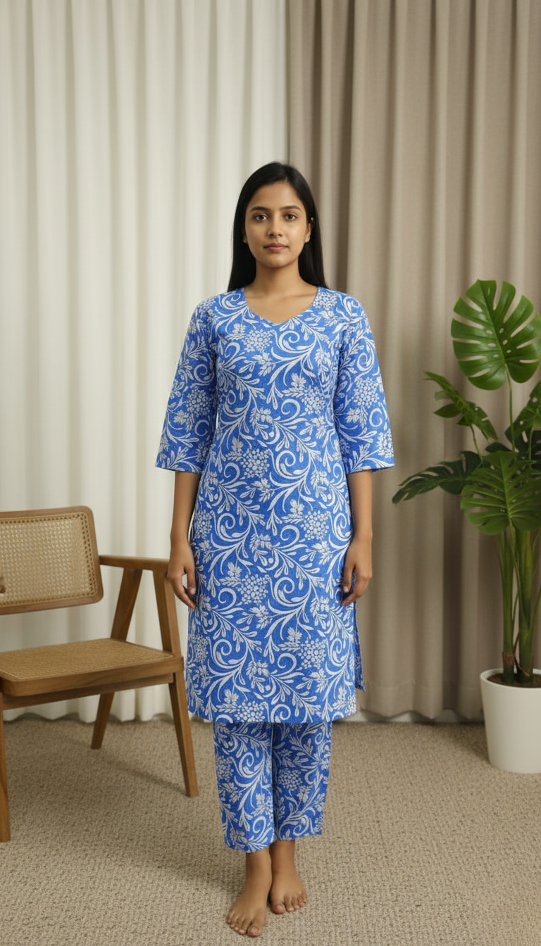 Red Floral Print Cotton Kurta Set