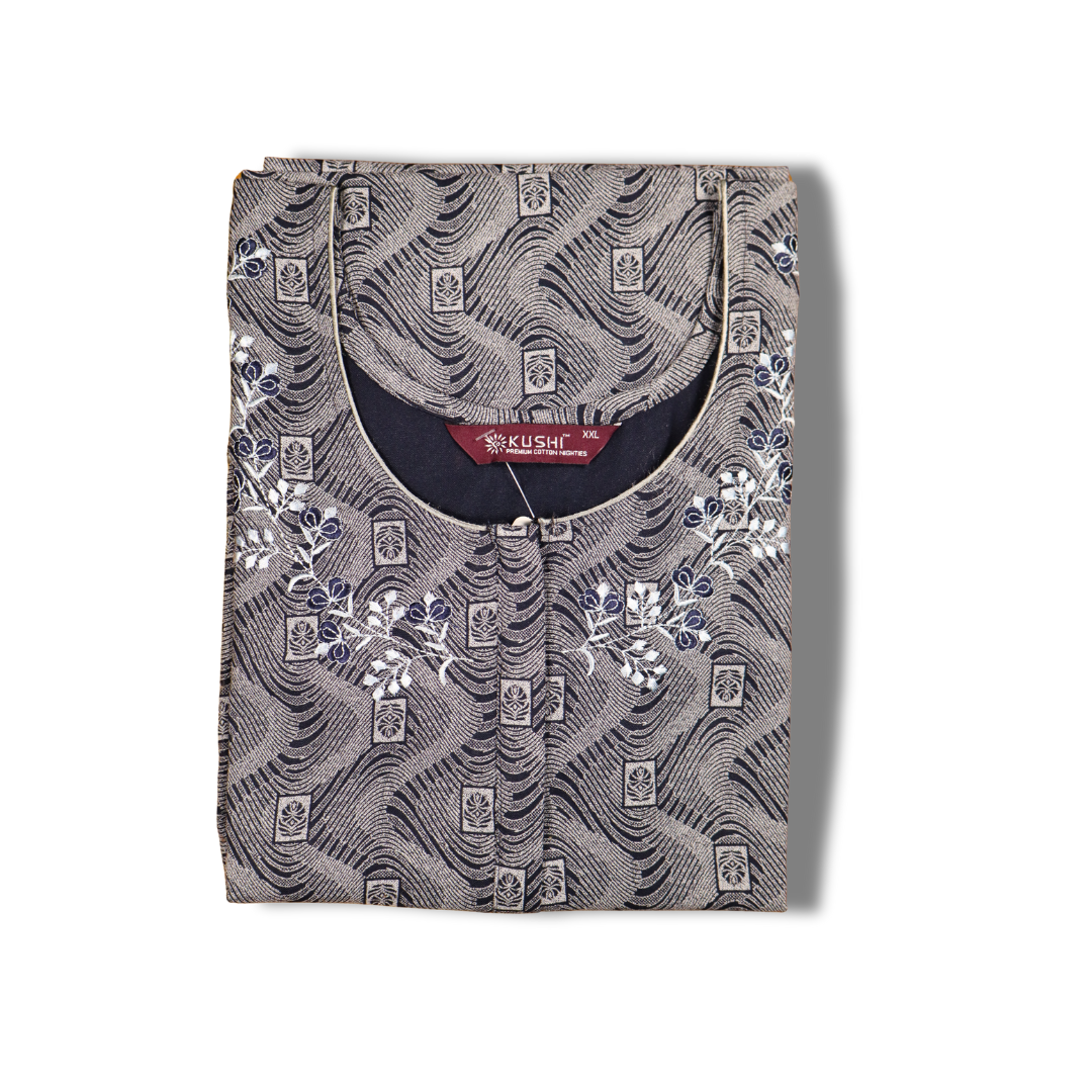 Classic Grey Printed Cotton Nighty with Floral Embroidery
