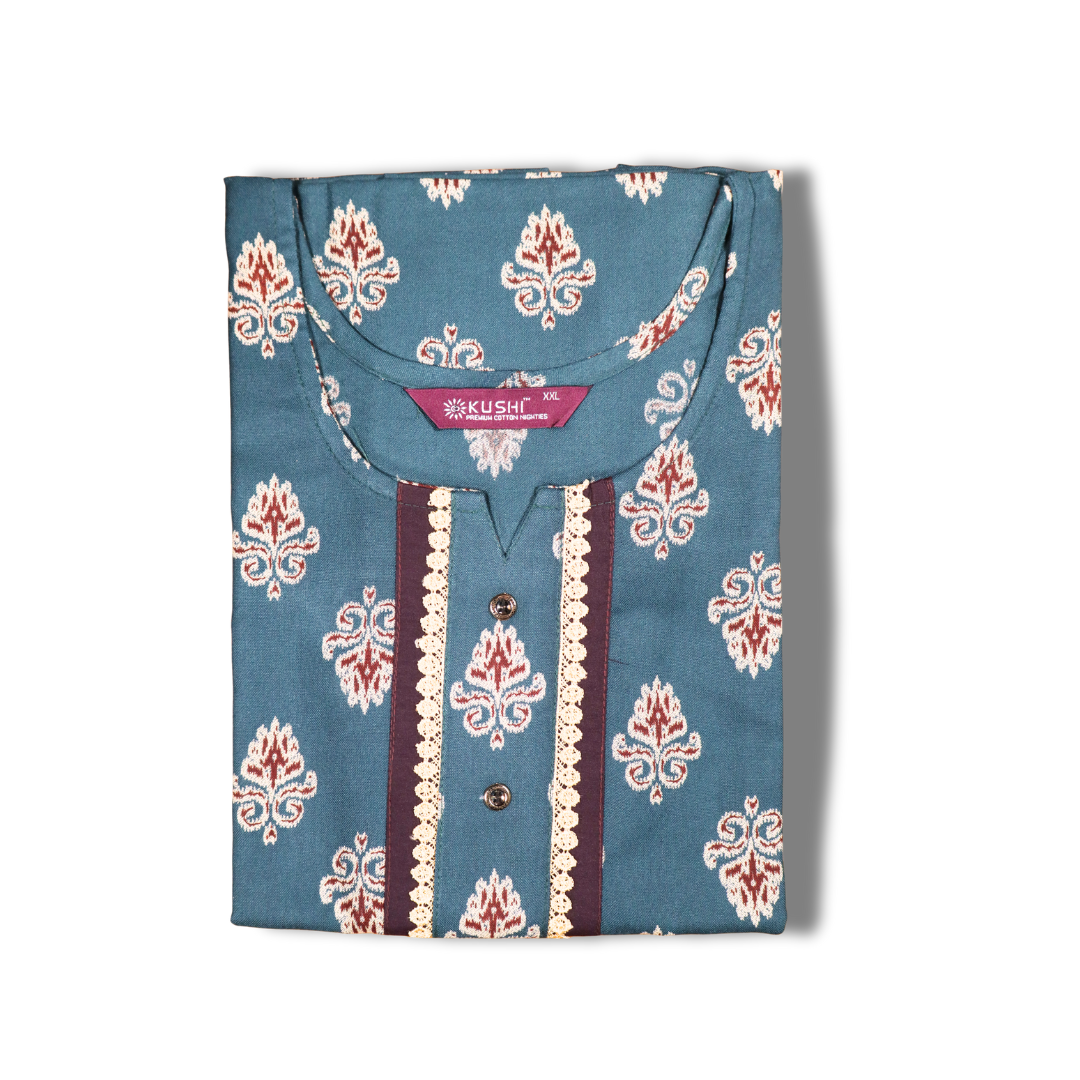 Premium Cotton Printed Nighty – Coffee Brown with Ethnic Motifs