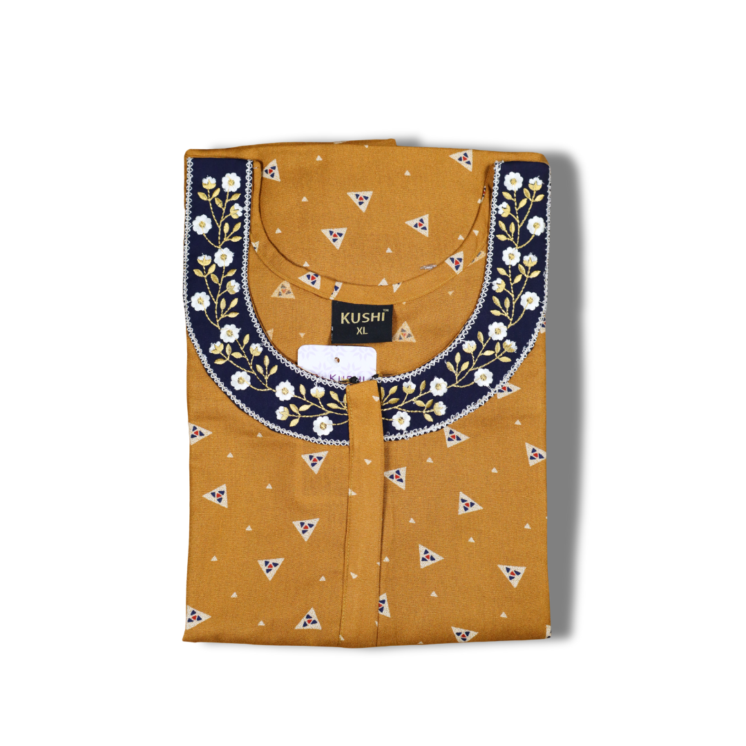 Olive Green Printed Nighty with Navy Embroidered Neckline