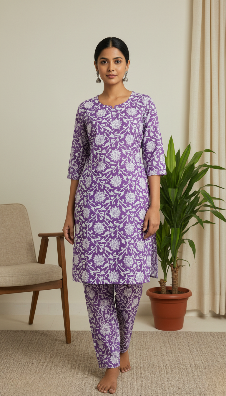 Violet Floral Print Cotton Kurta Set