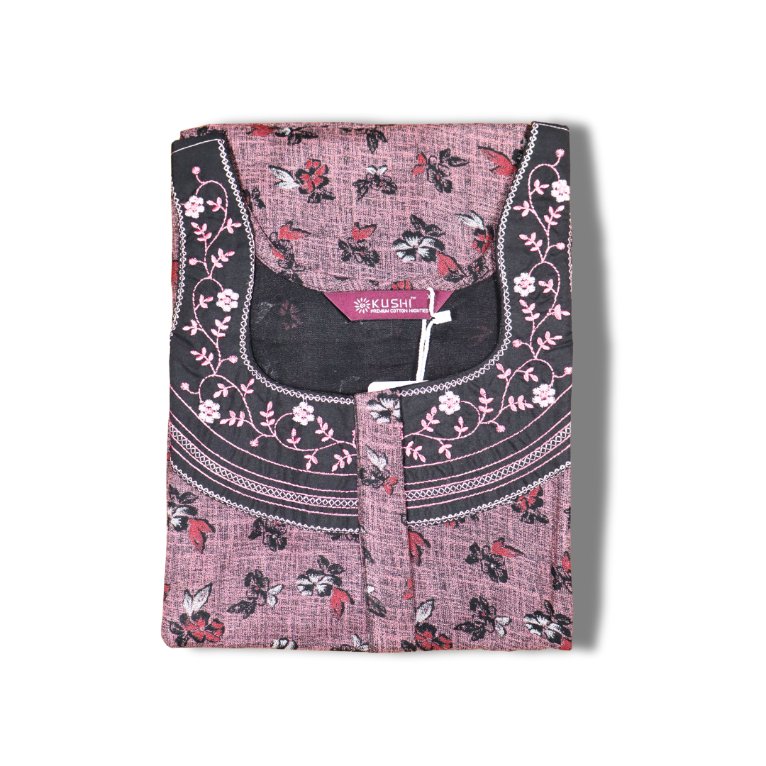 Grey Floral Printed Cotton Nighty with Black Embroidered Yoke